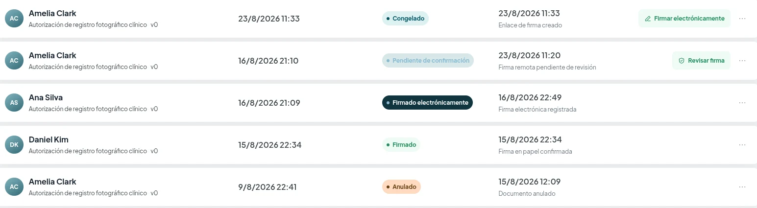 Historial de firmas electrónicas de DermUX con estados y acciones